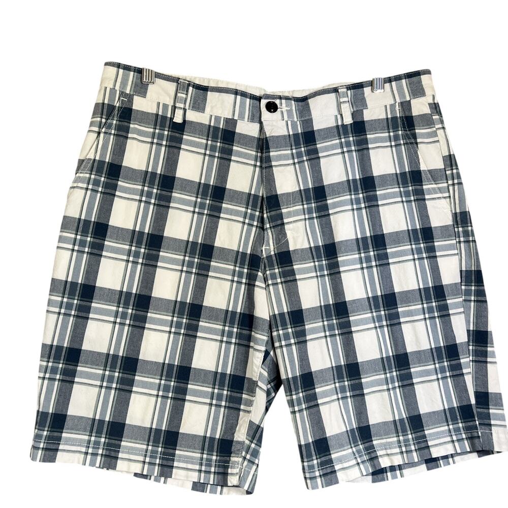 Dockers Shorts Mens 36 Blue White Madras Plaid Cotton 9" Bermuda Preppy Golf